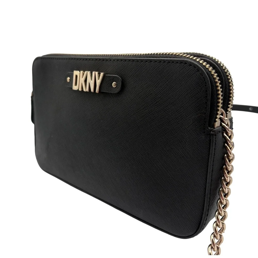 DKNY Crossbody Bag Womens Small‎ Black Excellent Saffiano Leather Gold Logo